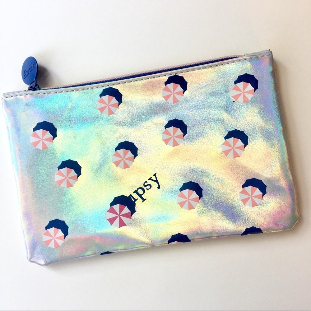 IPSY • Silver + Pink Beach Umbrella Zippered Cosmetic Makeup Bag
